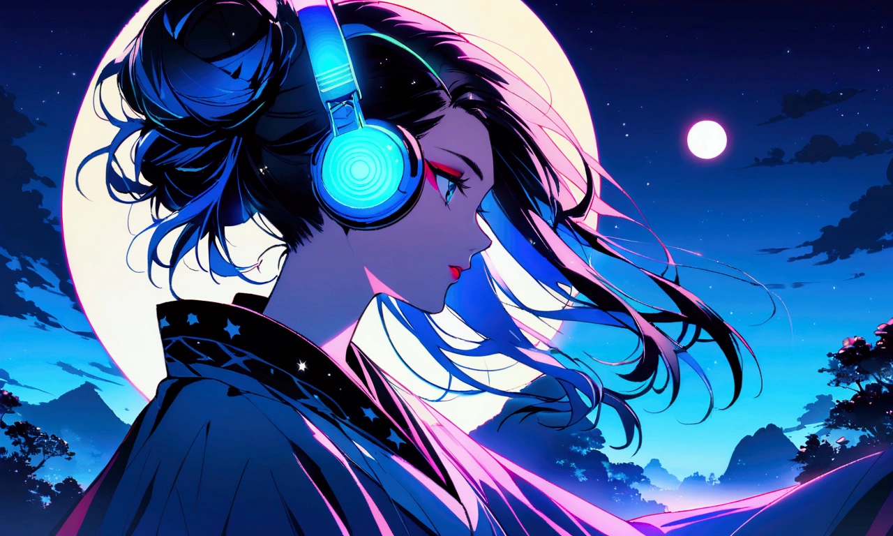 Portrait of a graceful female samurai with makeup in bright turquoise and white, giving her a fresh and lively appearance. Her hair is arranged in a loose bun, adorned with small, decorative beads that sparkle like stars. She is focused on playing a koto, with modern, glowing neon-blue headphones. The backdrop features a serene night landscape with a large, luminous moon and twinkling stars, reflecting a blend of traditional and contemporary elements.