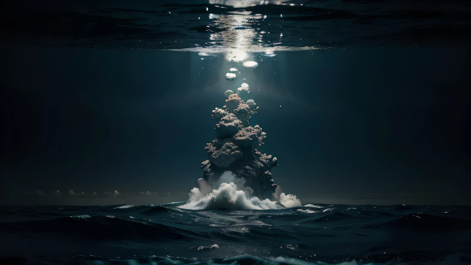 Start with an image of the ocean surface, showing large waves crashing against each other under a cloudy sky. Transition to a deep-sea scene where a small, advanced-looking submersible, such as Alvin, is descending into the abyss. Surround the submersible with dark, endless water, emphasizing the vast and unexplored nature of the deep sea. Add subtle details like bubbles and particles suspended in the water to create a sense of immersion.