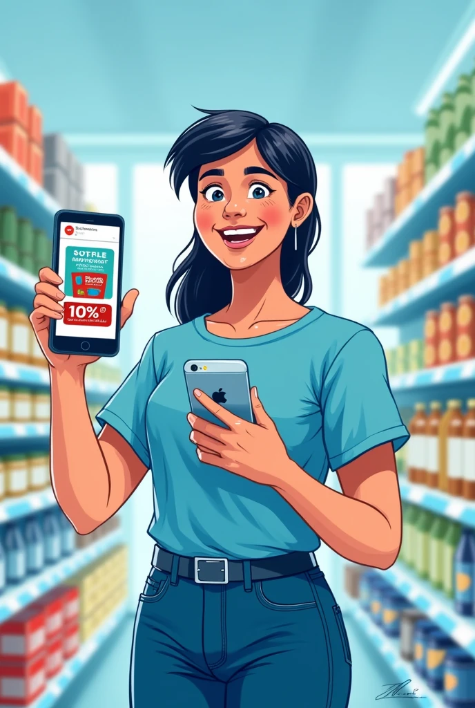 Image: A happy person showing his cell phone with the ScannMarket app open, where the 10% discount stands out% in Van Camp&#39;s product. In the background, You can see shelves in a supermarket with various products.
Mostly used colors: royal blue, white and light green Text: "Discover the best offers at your favorite supermarket! Download the ScannMarket app and save on every purchase. It&#39;s easy and fast!"