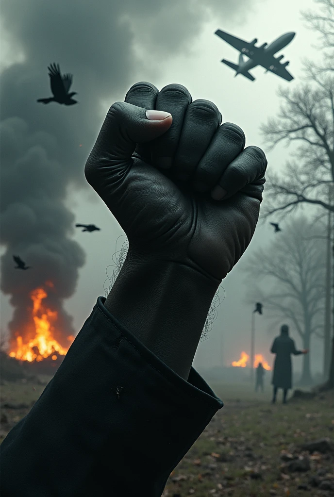 Black flexed fist in a gothic atmosphere with black birds blazing at their tails with colossal bellows of smoke and a cicamore tree shedding and a smoking crashing plane mid air