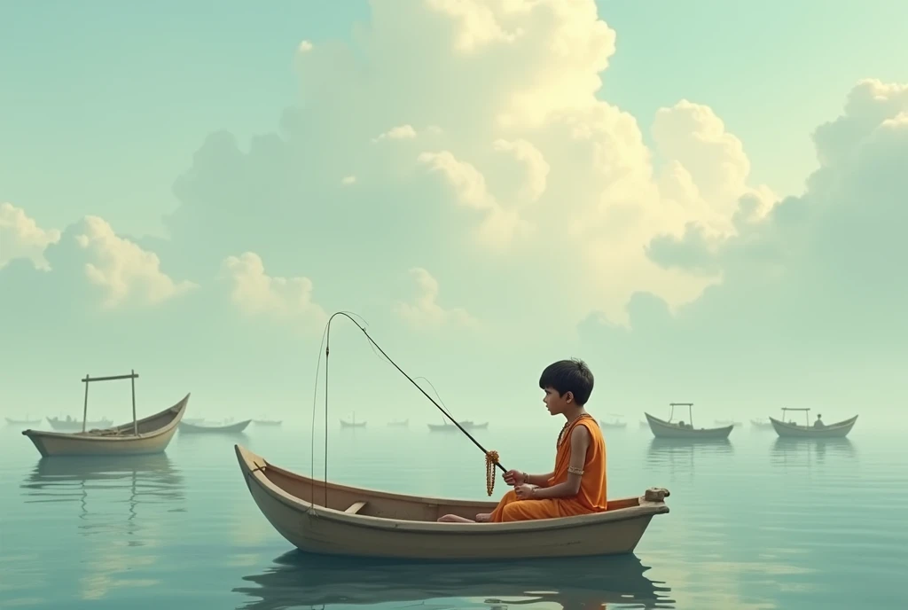 Create an image that the sky is cloudy, below is the sea with many boats, but there is a boy who is very beautiful, he has a tilak on his head and a small Rudraksha rosary in his hand and he also has some body parts. You have light saffron clothes on your body and that hair is sitting in a boat catching fish from the sea.