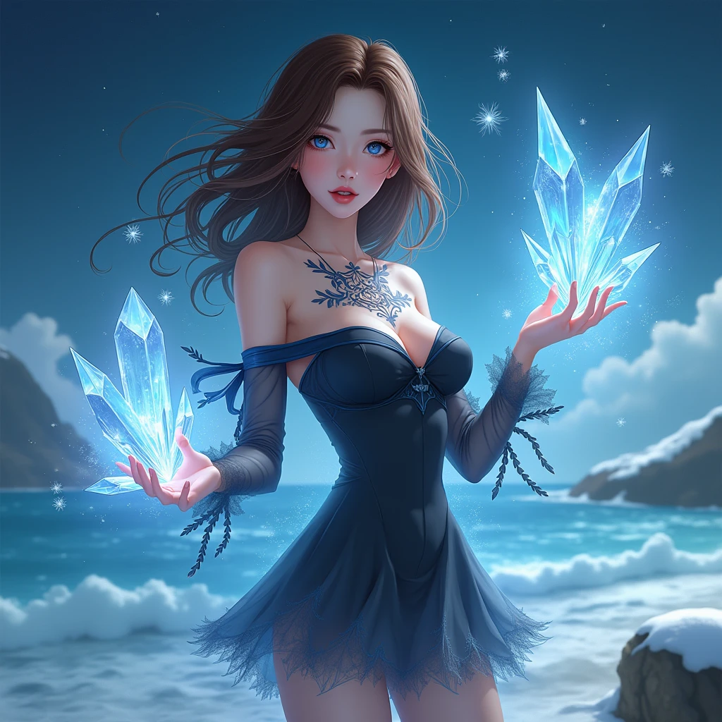 1 girl, beautiful, Seductive, sexy, Asia, Medium bust, Bronze hair, medium length hair, light blue eyes, light red lips, tattoo, Black off shoulder top, sexy, skirt, tights, high-heels, full body, Suitable background, Real picture, spell, Crystals like water flow around the body, The most realistic,The backdrop is a snowy sea at night with twinkling stars in the sky.