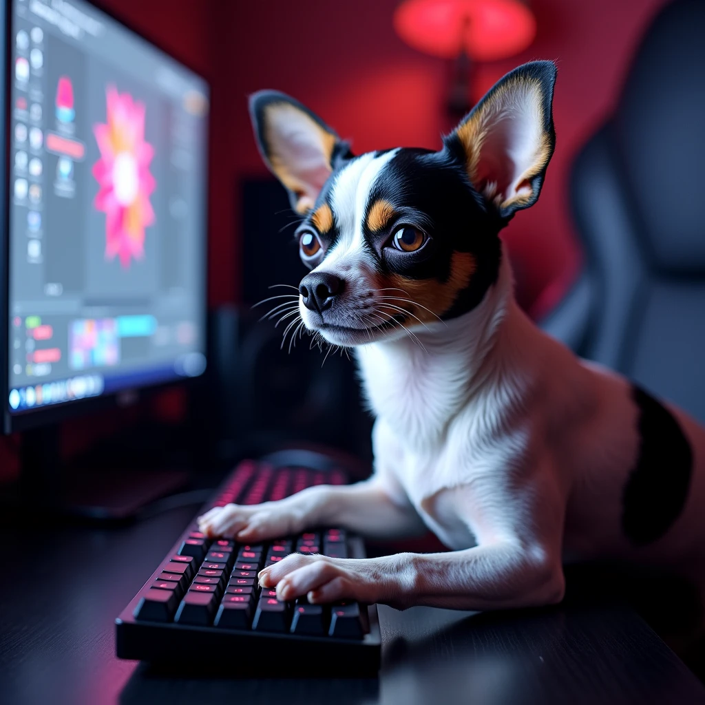 Make a chihuahua white brown black breed that sits at the monitor and types on the keyboard at the gaming computer