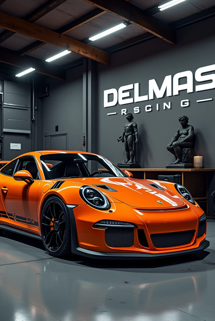Create a 4k photo of a beautiful garage with a Porsche GT3RS and a Lamborghuini Aventador, and on the wall written (DELMAS RACING) it's the name of the garage it has to be written correctly, and also adds statues