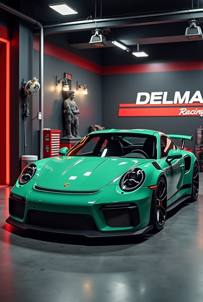 Create a 4k photo of a beautiful garage with a Porsche GT3RS and a Lamborghuini Aventador, and on the wall written (DELMAS RACING) it's the name of the garage it has to be written correctly, and also adds statues