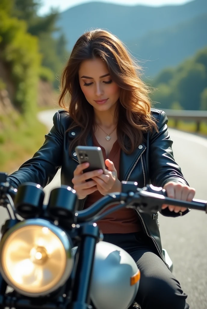 Woman on a motorcycle looking at her cell phone which is resting on the cell phone holder on the motorcycle's handlebars