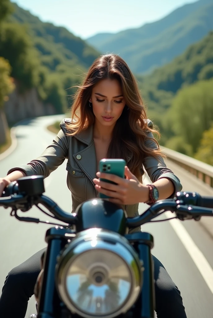 Woman on a motorcycle looking at her cell phone which is resting on the cell phone holder on the motorcycle's handlebars