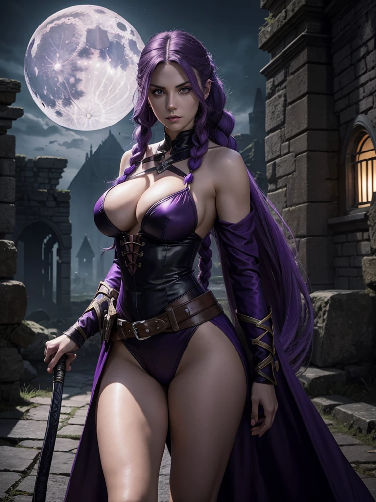Beautiful caucasian woman. Fit body. Big round boobs. Just one woman. Alone. Western woman. Long hair with 1 braid. Purple hair. Bright purple eyes. Woman cosplaying as a vampire hunter from the Belmont family from the Castlevania games. The woman is holding a whip. She is standing in front of the ruins of a dark medieval castle during a full moon night. Dynamic light. Dynamic shadows. High resolution.