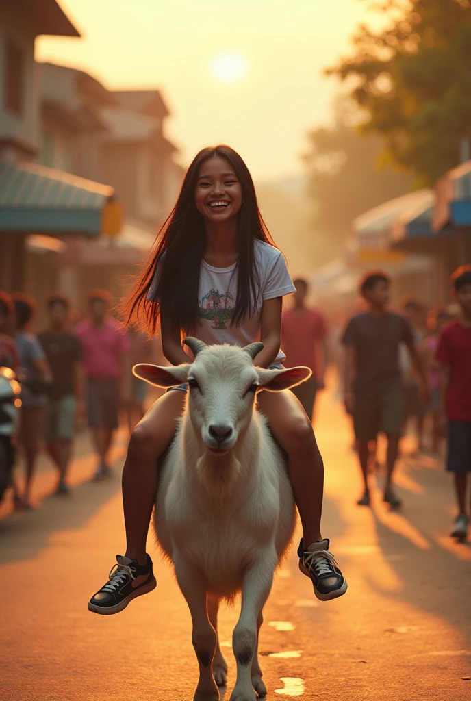 A beautiful Indonesian , long straight hair, wear a t-shirt, Shorts, wear sneakers, laughing face while riding a goat, evening atmosphere, on the village road there are many people behind, ultra details, minim diffect, hd ultra images, realistic