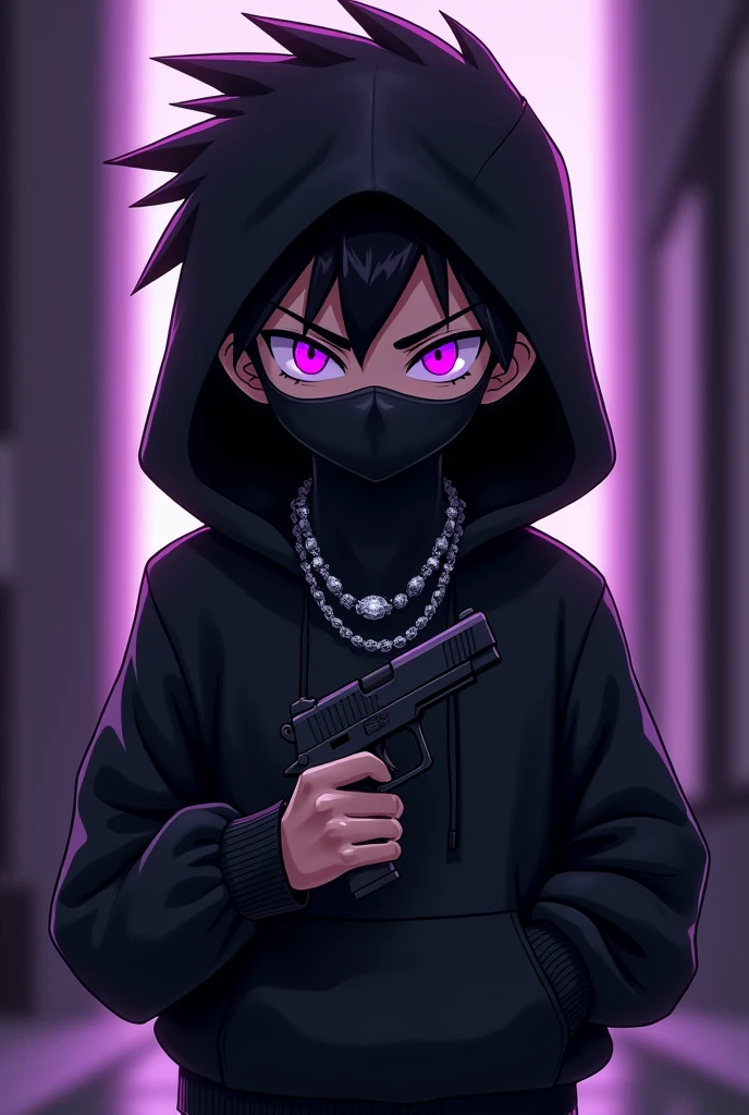 1 boy, he is a gang member and has purple glowing eyes with an evil face and slightly spiky hair with an evil and intimidating look with a black sweatshirt and a black mask covering his nose and mouth. , he has a black hood on his head , he also has a diamond chain around his neck,  very intimidating , he has a pistol in his hands, 2D Anime .