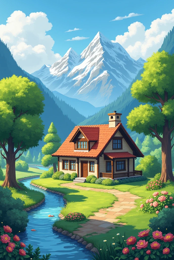 beautiful little house on a landscape with flowers and a river with snowy mountains in back and trees nearby

