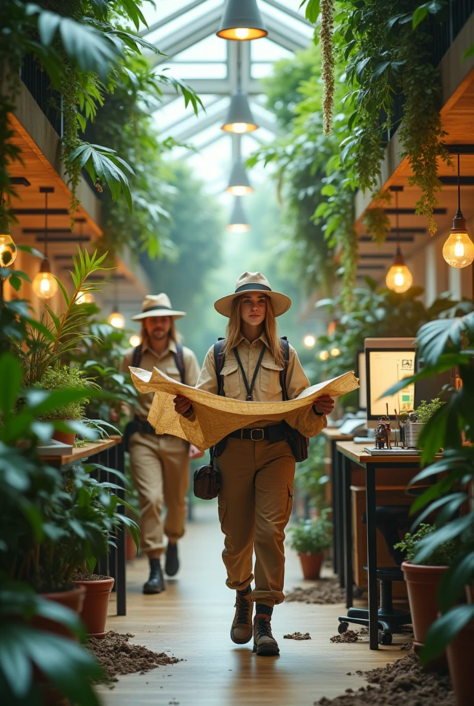 stomach 2:
Description: Employees dressed as explorers (explorer hats, backpacks, etc.) in an office decorated like a jungle.
Elements to Include:
Office decorations that imitate a jungle (plants, lianas made with ribbons, etc.).
Employees in explorer attire, with maps and compasses.
An atmosphere of adventure and confusion.
How to do it:
Decora una oficina con plants y objetos que simulen una jungla.
Dress employees in explorer costumes and add accessories like maps and compasses..