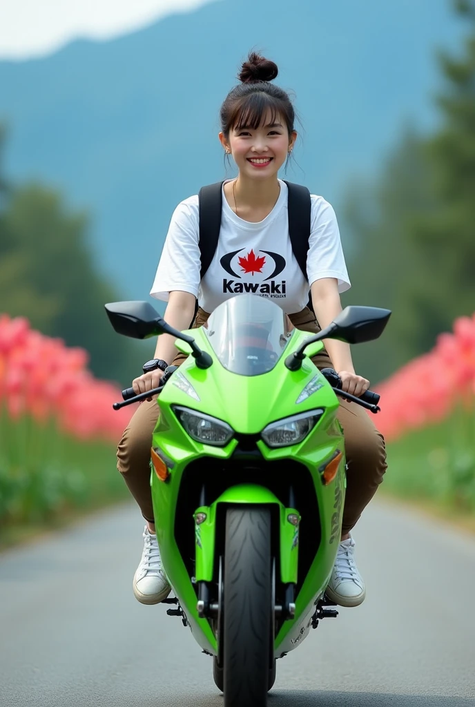 ,
Beautiful Indonesian girl, smooth white skin, well-groomed face,Korean style bun hair with Korean style bangs, (shirt) white with Santi logo pattern, (jumpsuit pants )brown jeans ,
white shoes,
black watch, backpack, white shoes, smiled faintly, is currently riding a Kawasaki Ninja ZX-25R motorbike in highlighter green , on the country road,very beautiful amazing ..The left and right sides of the road are lined with tulips in bloom in beautiful colors.. Under the clear blue sky,, mountain and waterfall background, original photo .realistic