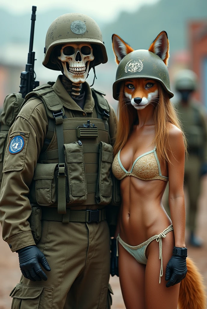 Brazilian skeleton soldier with skull mask and UN helmet, with the other company of a furry fox soldier in a bikini with a UN helmet on a peacekeeping mission in Haiti.