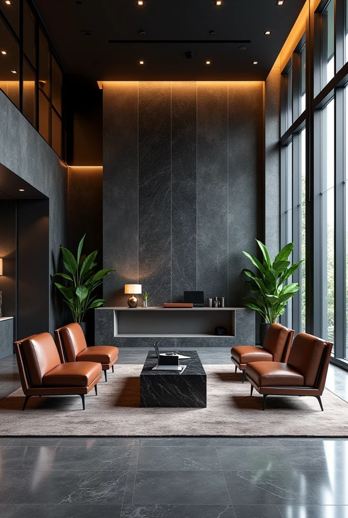 Professional 3d architecture rendering design of modern And high tech for boticque hotel’s Labi with dark slab stone and 4 dark brown leather Chairs and medium flouting dark gray marble station and 2 laptops and coffee table elegant and modern glassy and silver accessories and modern windows and private space for baggage in the Labi and black slab stone middle table and elegant accessories and modern ceiling lighting and beautiful green space