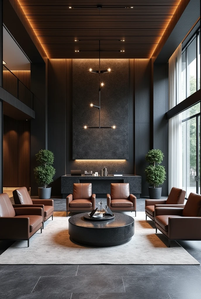 Professional 3d architecture rendering design of modern And high tech for boticque hotel’s Labi with dark slab stone and 4 dark brown leather Chairs and medium flouting dark gray marble station and 2 laptops and coffee table elegant and modern glassy and silver accessories and modern windows and private space for baggage in the Labi and black slab stone middle table and elegant accessories and modern ceiling lighting and beautiful green space