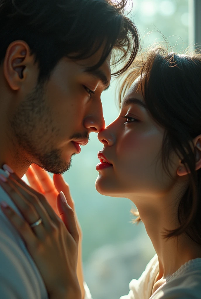 a woman touching a man's face as if examining