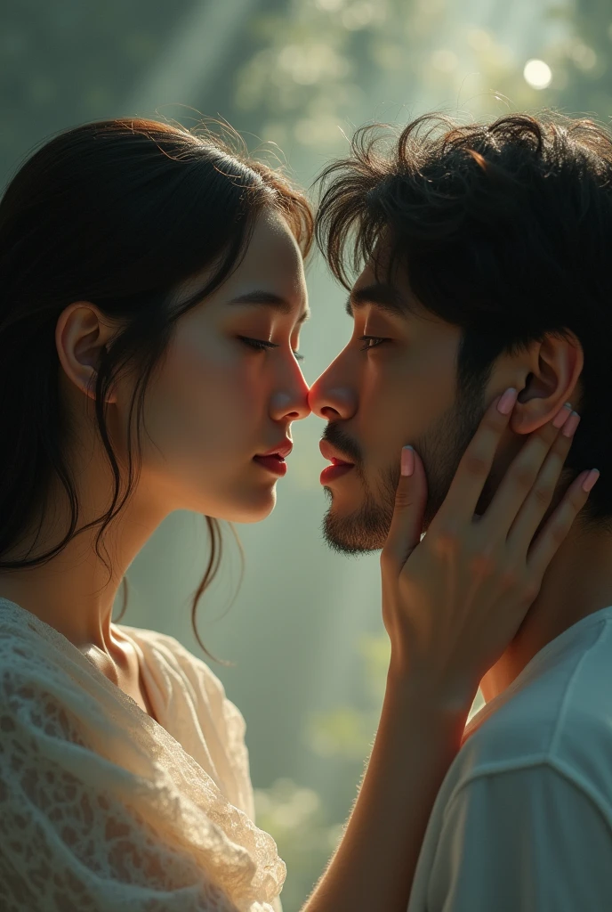 a woman touching a man's face as if examining