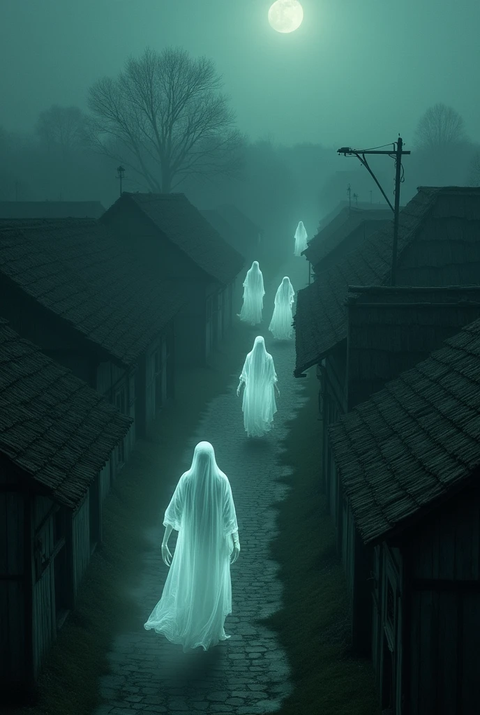 Ghost village Ghosts roaming in Village tope drone view night  white ghost walking 