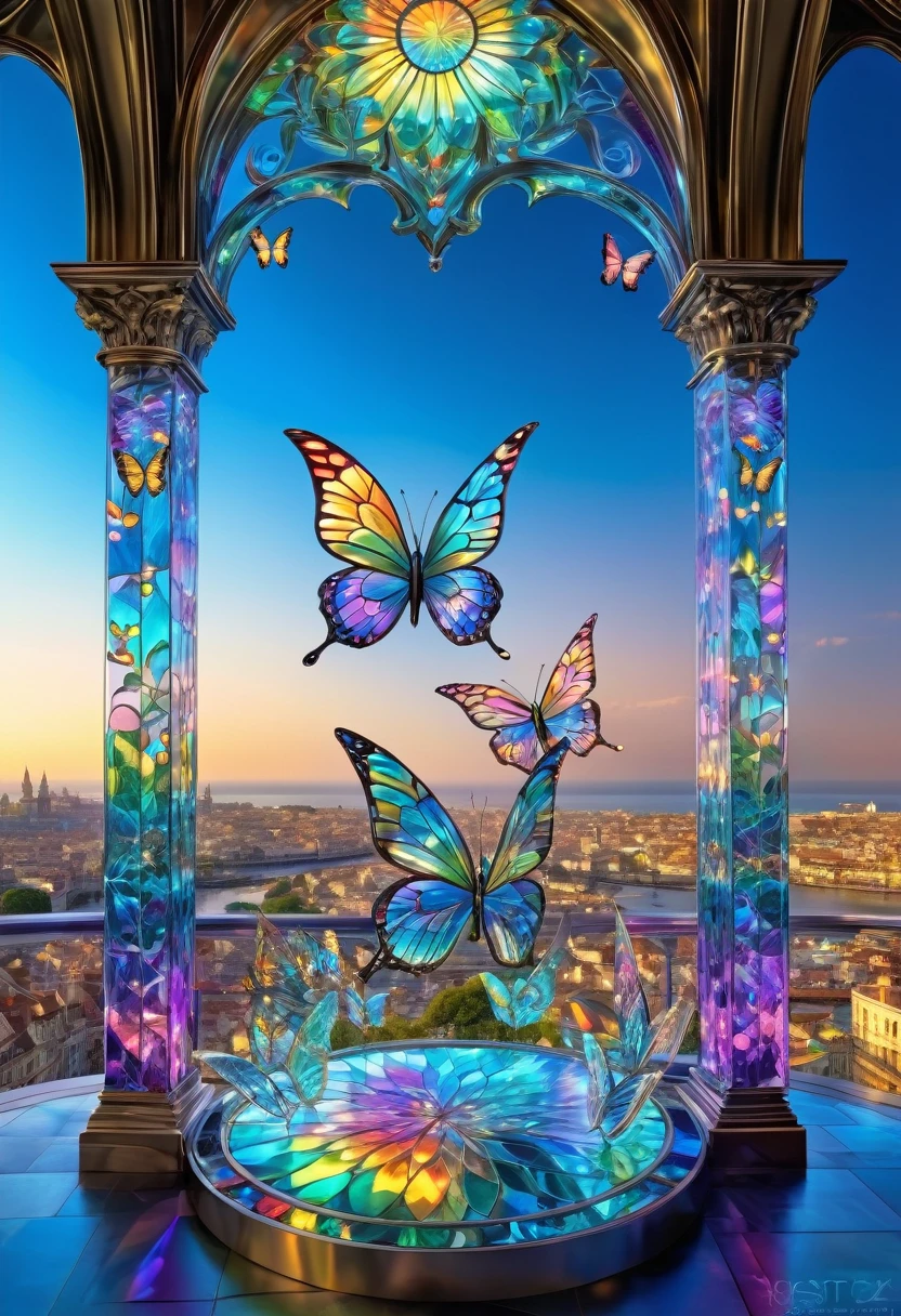3D drawing art, fantasy world, made of carved from pearl platinum crystal, the streets of the royal capital of a fantasy world protected by a transparent barrier, the floating city, the sky filled with colorful magic circles, the vibrant iridescent butterflies made of stained glass, shadows, contrast, conceptual installation art, (ultra detailed, absolutely resolution, best quality:1.3), 2.5D, delicate and dynamic effects, iridescent lighting effects, artistic photography, hyper realistic