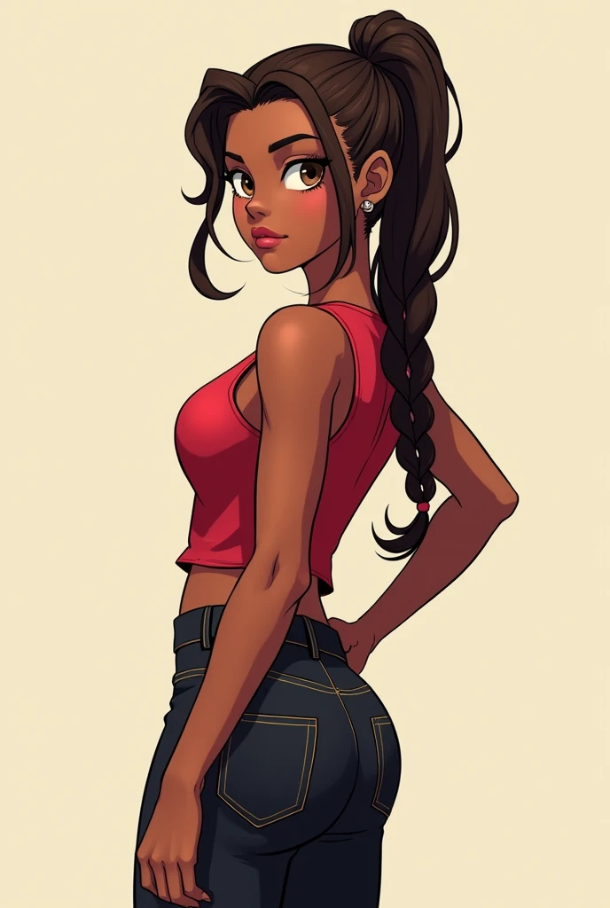 age girl, dark-skinned, brown eyes and hair, dressed in a red sleeveless blouse and black pants with booties of the same color. She has a toned body and her hair is long and tied in a high braid..
anime style