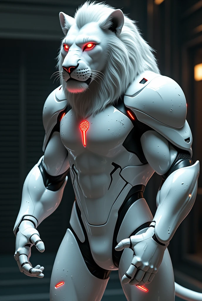 Lion in white glossy cyborg helmet and costume with red glowing eye