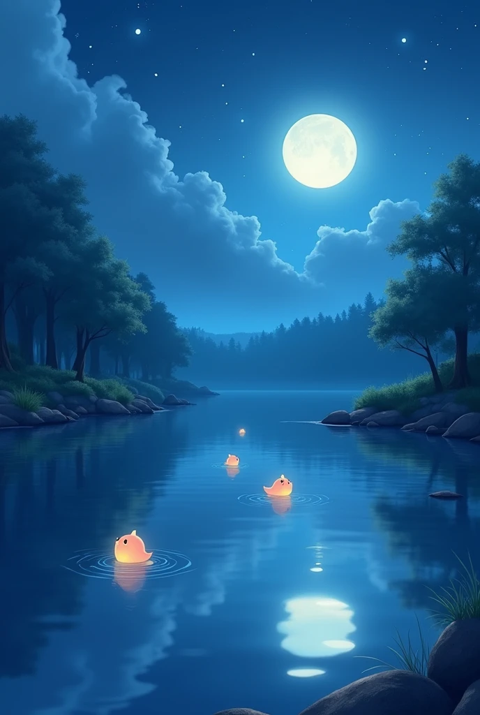 Enchanted Anime Moonlit Lake Wallpaper in 4K Quality: A digital illustration in the style of Hayao Miyazaki, depicting a serene lake bathed in the soft glow of moonlight. The water is calm and still, reflecting the night sky and the surrounding forest. Small, glowing creatures can be seen dancing across the surface of the water, adding a touch of magic to the scene. The atmosphere is peaceful and otherworldly, with cool blues and soft, ethereal lighting --v 5 --stylize 1000