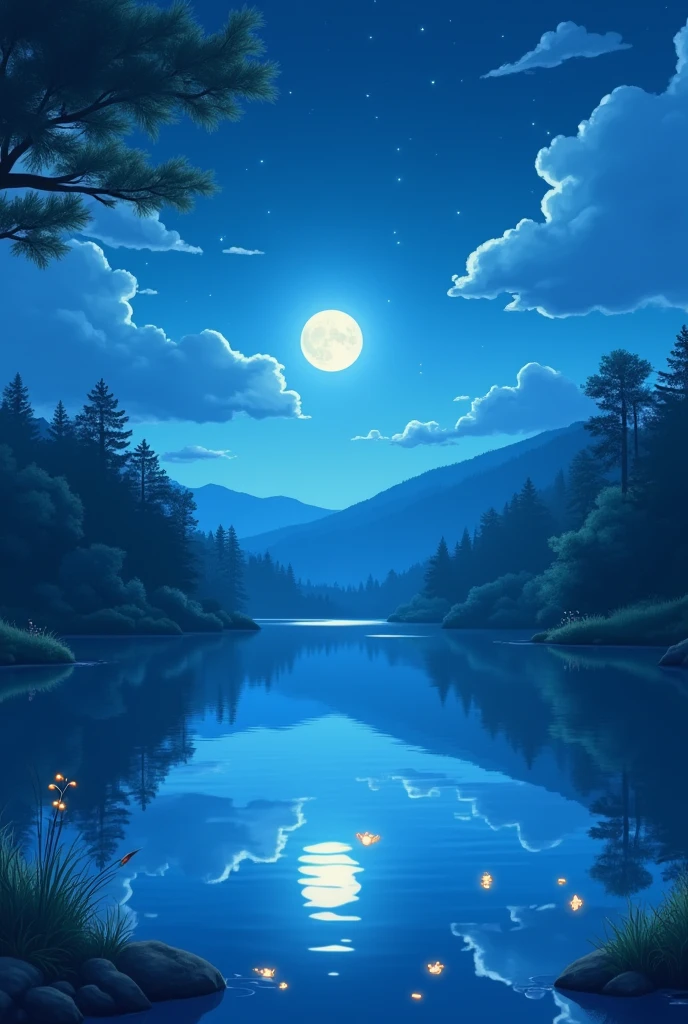 Enchanted Anime Moonlit Lake Wallpaper in 4K Quality: A digital illustration in the style of Hayao Miyazaki, depicting a serene lake bathed in the soft glow of moonlight. The water is calm and still, reflecting the night sky and the surrounding forest. Small, glowing creatures can be seen dancing across the surface of the water, adding a touch of magic to the scene. The atmosphere is peaceful and otherworldly, with cool blues and soft, ethereal lighting --v 5 --stylize 1000