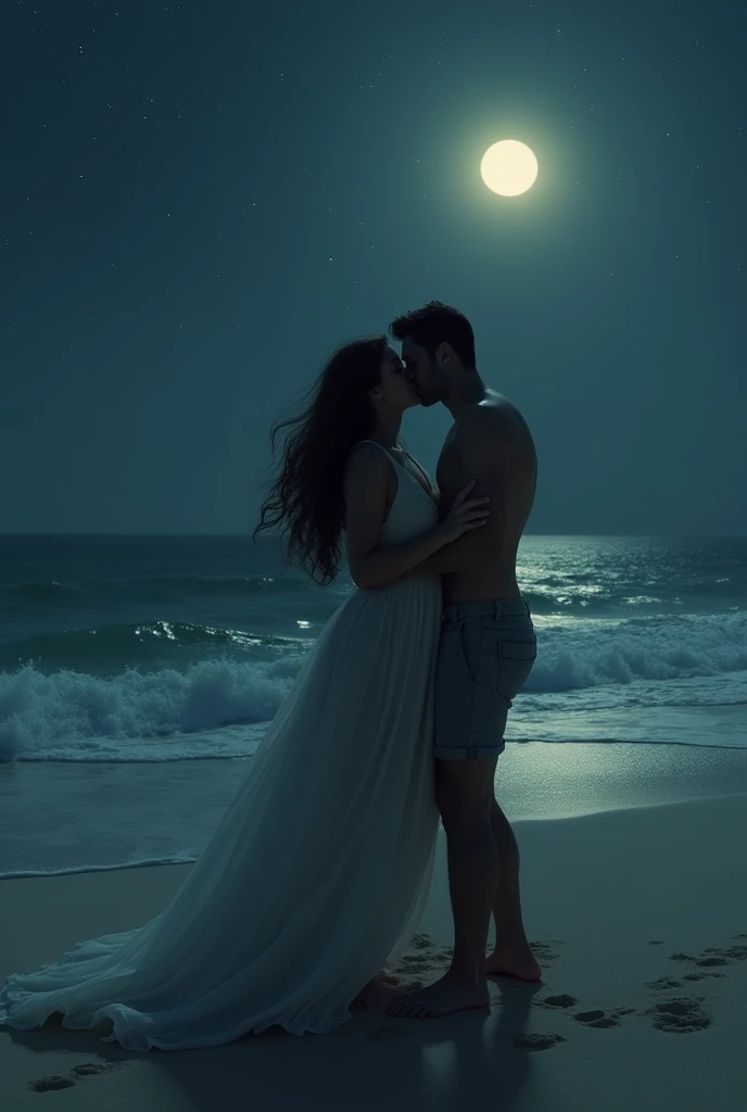 A couple making love on the sand of a deserted beach at night. lying in the sand.
dimly lit night.
skinny man, fat woman with long hair.