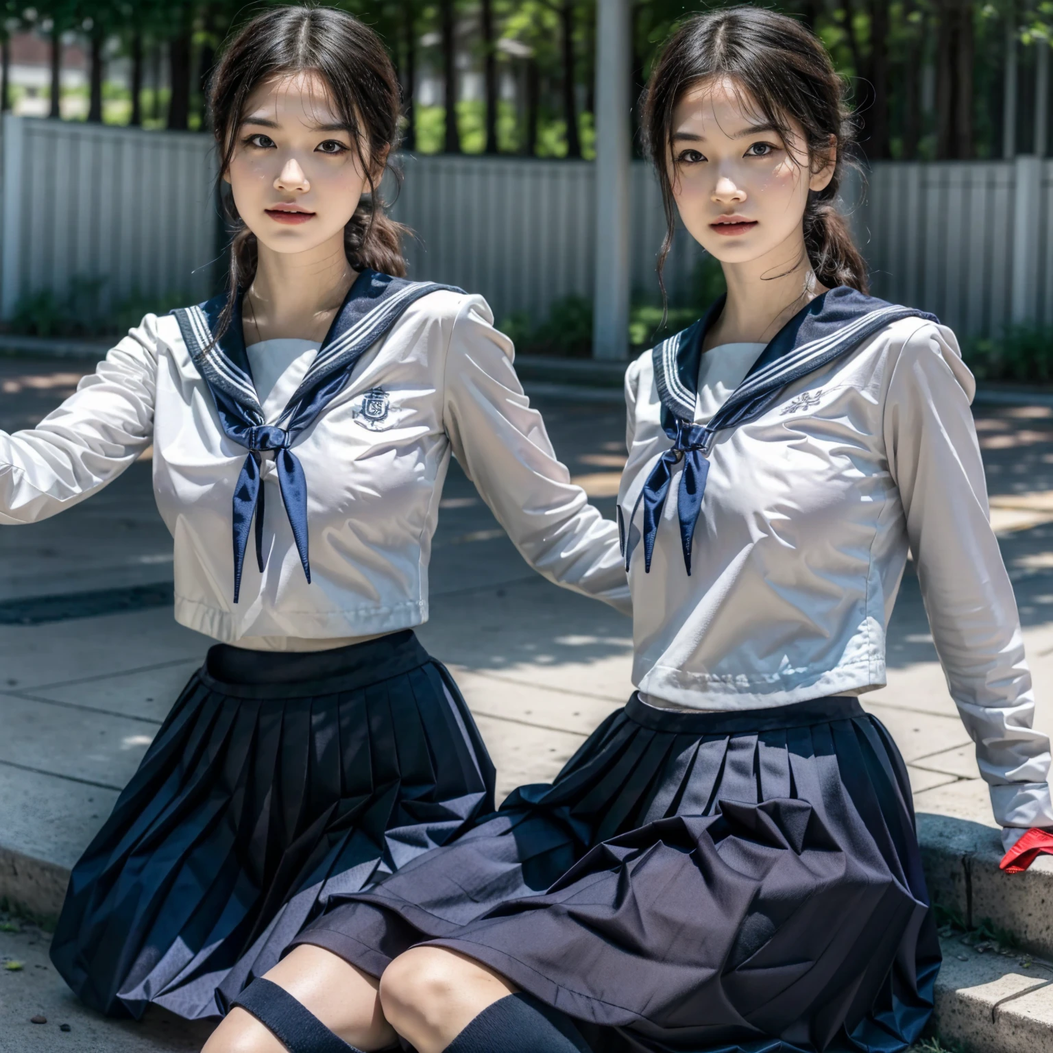 (Best-quality, Masterpiece, Ultra-High-Resolution, (Photorealistic:1.4), Raw Photo, depth of field, professional lighting, perfect anatomy, extremely details), cowboy shot, (invisible:1.5, no humans:1.5, headless:1.5, handless, legless), grey skirt, neck ribbon, ribbon, sailor collar, skirt, sailor collar, (cute big breast)
