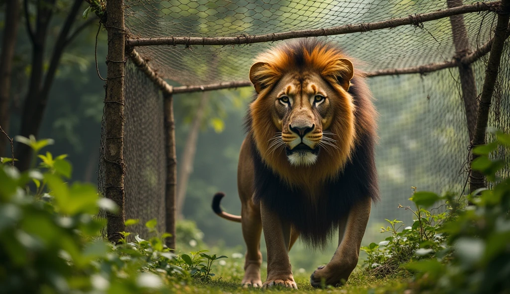 The lion is trapped in a hunter's large, netted trap in the middle of the jungle. The lion looks distressed, struggling to escape.