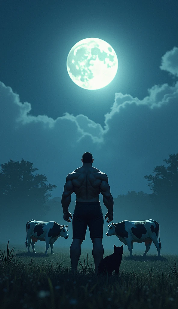 Moonlit Farm: A serene farm with cows grazing under a glowing moon,Humanoid muscular big biceps broad chest wearing clothes cat in the foreground, her eyes locked on the sky.