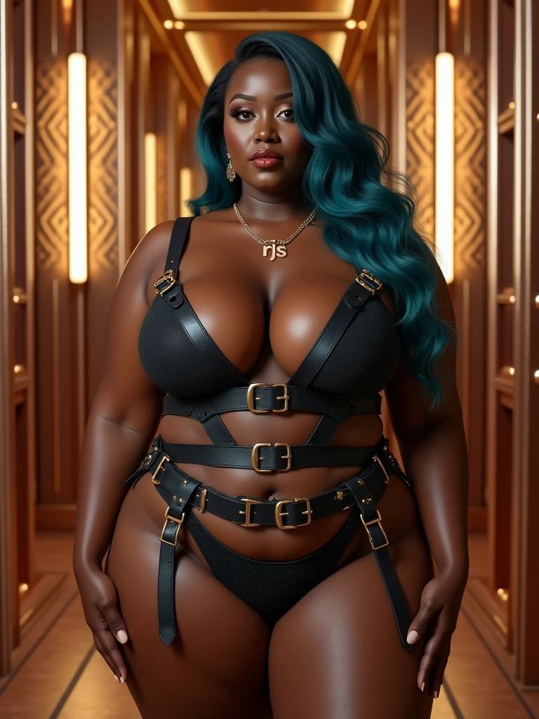 necklace says "RJS", EXTREME BIG HUGE BOOTY HIPS CONTEST, dark skin: dark melanin All Women, a very attractive breathtaking woman with very large butts, realistic, lifelike, hyperrealistic, most wide hips circumference (100 inches): widest (trapezoid shaped) hips, opulent (bodysuit) couture, most triangular - tapered: thin waist, accessories: belts clasps buckles, detailed skin moisture, have the toned huge curvy hourglass body, dark blue hair: teal highlights, sharp focus, metallic rose gold, color tones: #4A2B2F BIG BOOTY CONTEST winners, gathered in photoshoot, dark skin: melanin complexion, detailed skin moisture, have the toned huge curvy hourglass body, most triangular - tapered: thin waist, dark blue hair: teal highlights, sharp focus, best quality: UHD, RTX, DSLR, metallic rose gold, gilded furniture, and intricate patterns on the walls, all rendered in high-quality, realistic detail. 