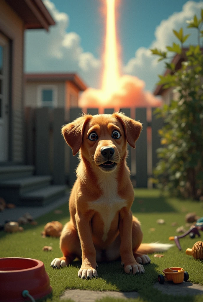 Create a dog that is scared by the sound of rockets