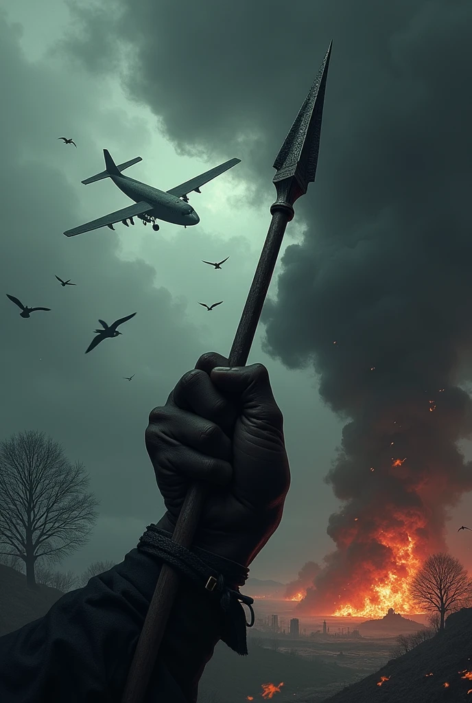 Black flexed fist holding spear in a gothic atmosphere with black birds blazing at their tails with colossal bellows of smoke and a cicamore tree shedding and a smoking crashing plane mid air