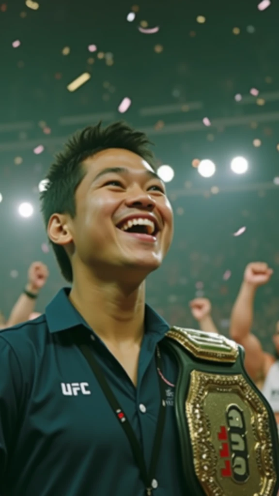 I wear Ufc light weight champion and I smile and my eyes drops fallen down because I am so happy
