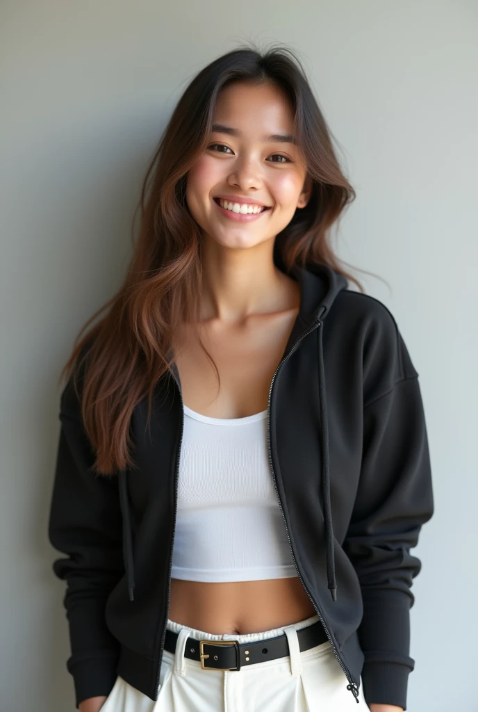 A young woman with long, straight brown hair stands confidently. She is wearing a black zip-up hoodie over a white tank top, paired with a white pleated skirt. The outfit is simple, yet stylish, with a black belt featuring a distinct logo on it. The woman has a warm smile on her face, with gentle, natural makeup. She is posed standing upright, with one hand resting on her skirt. The overall setting is minimalist with a soft, light gray background, giving a clean and modern look.
Render the woman with photo-realistic texture, capturing the fine details of her skin and hair. Use soft, natural lighting to create realistic shadows on her face and clothing. Ensure the colors are muted and balanced to give a natural harmony. Focus on the portrait details, emphasizing the realism in her eyes and expression to convey a lifelike emotion.
