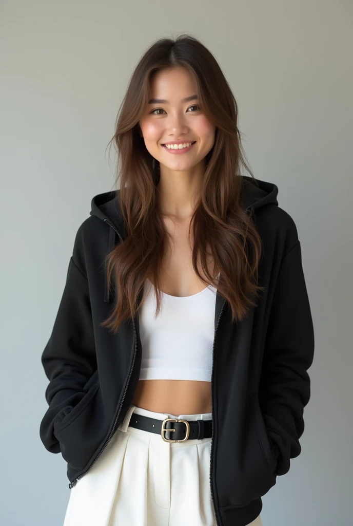 A young woman with long, straight brown hair stands confidently. She is wearing a black zip-up hoodie over a white tank top, paired with a white pleated skirt. The outfit is simple, yet stylish, with a black belt featuring a distinct logo on it. The woman has a warm smile on her face, with gentle, natural makeup. She is posed standing upright, with one hand resting on her skirt. The overall setting is minimalist with a soft, light gray background, giving a clean and modern look.
Render the woman with photo-realistic texture, capturing the fine details of her skin and hair. Use soft, natural lighting to create realistic shadows on her face and clothing. Ensure the colors are muted and balanced to give a natural harmony. Focus on the portrait details, emphasizing the realism in her eyes and expression to convey a lifelike emotion.