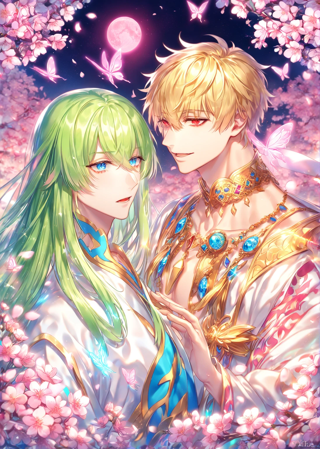 absurdres, highres, ultra detailed, HDR) master piece, best quality, extremely detailed, detailed face, detailed eyes, delicated features, Gilgamesh (caster), blonde hair, expressive red eyes, Fate Grand Order, Enkidu, light-green hair, expressive blue eyes, two men together, yaoi, gay couple, handsome, golden necklace, white arabian tunic, white tunic, showing the chest, fantasy, magical, glittering, cherry blossoms, pink flames, pink moon, pink flowers, pink butterflies, garden