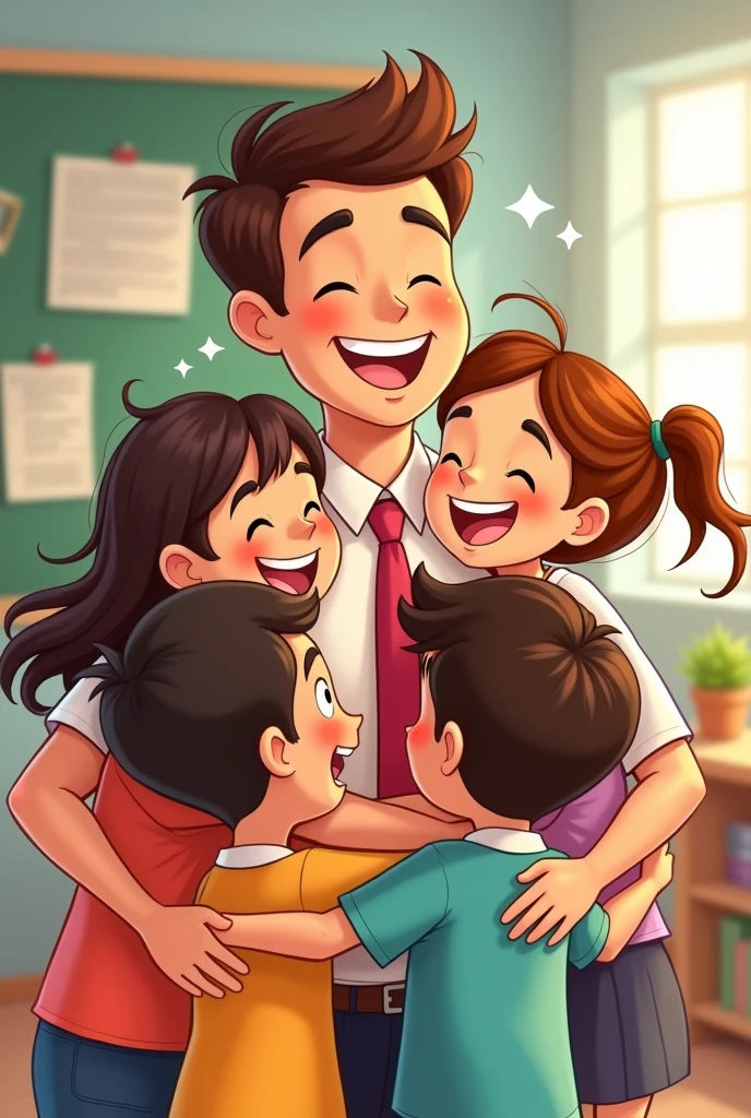 guy teacher hugging a class cute cartoon image
