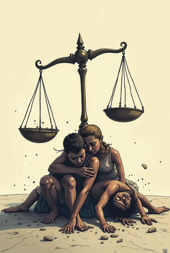 Drawing for kids of a scale of justice tilted to one side, with people suffering under the weight of that scale