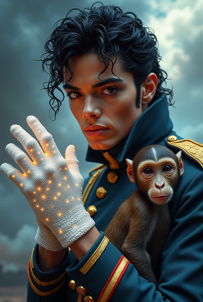 Michael Jackson's  The swarovsko crysrals glove, the military jacket the monkey all in one picture