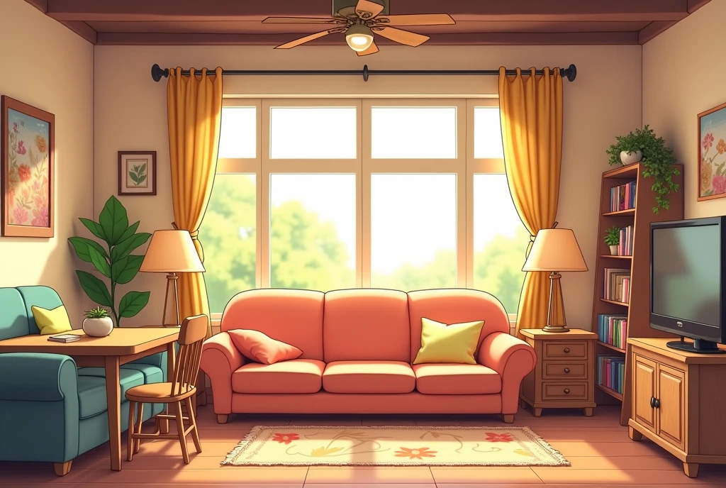 Cartoon living room with sofa, dining table, windows, cozy living room background, interior background art, cozy home background, style of madhouse studio anime, interior scenes, Living room, rpg maker style bedroom, interior living room, stairs, door