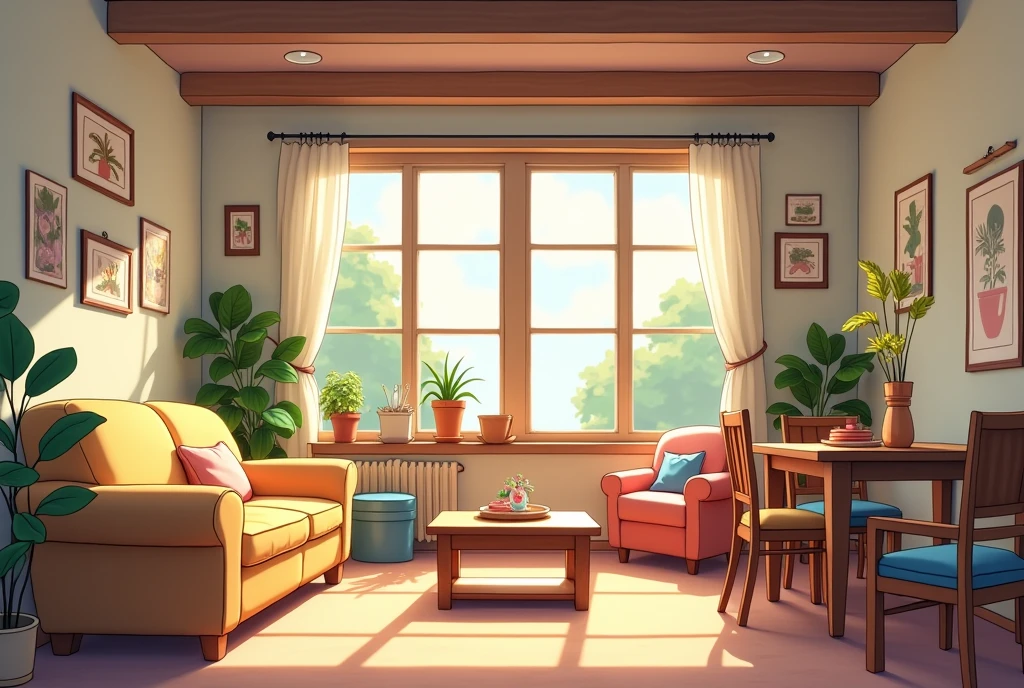 Cartoon living room with sofa, dining table, windows, cozy living room background, interior background art, cozy home background, style of madhouse studio anime, interior scenes, Living room, rpg maker style bedroom, interior living room, stairs, door