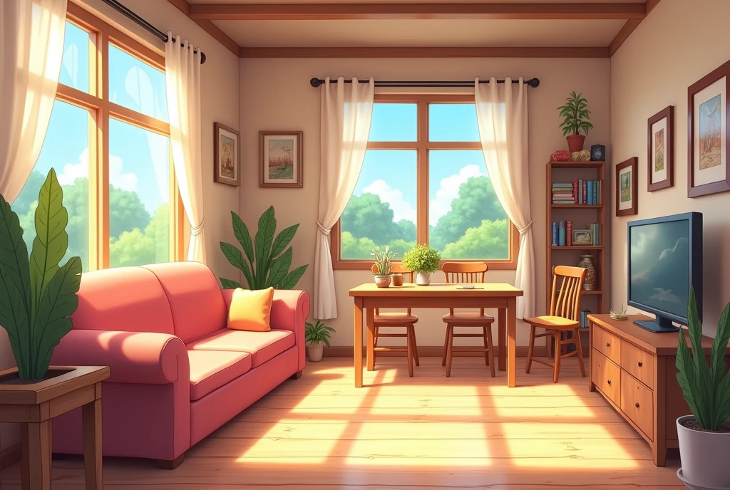Cartoon living room with sofa, dining table, windows, cozy living room background, interior background art, cozy home background, style of madhouse studio anime, interior scenes, Living room, rpg maker style bedroom, interior living room, stairs, door