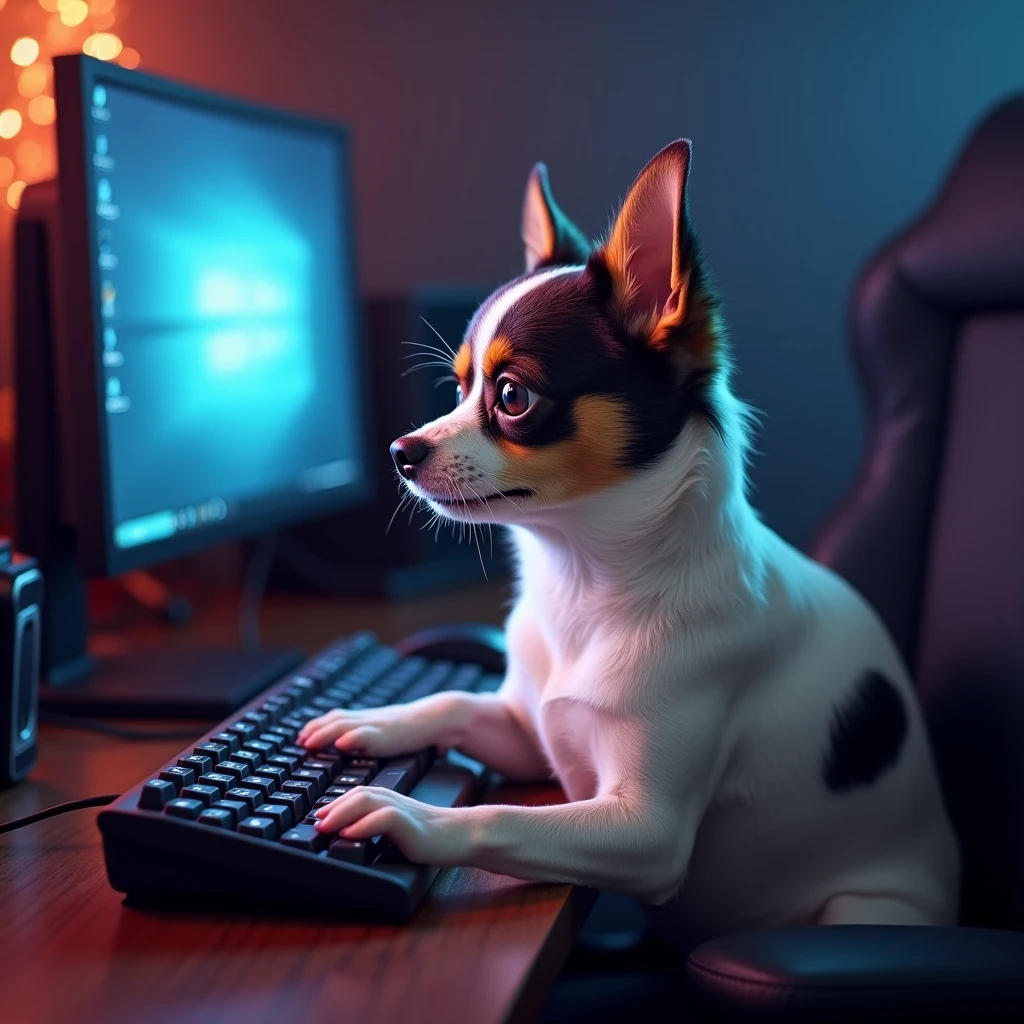 Make a chihuahua white brown black breed that sits at the monitor and types on the keyboard at the gaming computer on the back and sides and the belly with the muzzle is white