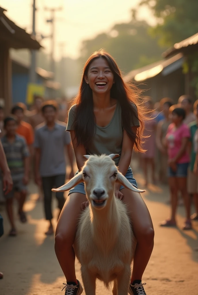 A beautiful Indonesian , , long straight hair, wear a t-shirt, Shorts, wear sneakers, laughing face while riding a goat, evening atmosphere, on the village road there are many people behind, ultra details, minim diffect, hd ultra images, realistic