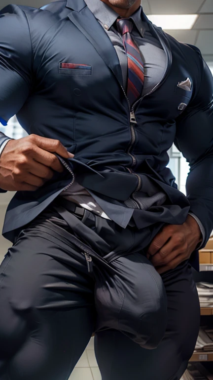 Business suit, close up focus on indian big monster bulge coming out from pant opened zip during he doing work, masterpiece 