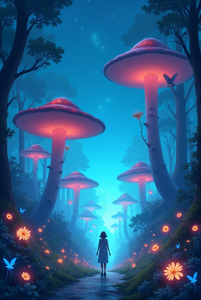 Viral anime nature wallpaper in 4K quality, in the style of digital illustration inspired by Yoshitaka Amano, showing a mystical forest with giant mushrooms, bioluminescent plants, and ethereal creatures wandering around; cool and mystical color temperature, cosmos lighting with stars twinkling in the sky, no human characters, the atmosphere is otherworldly and enchanting
