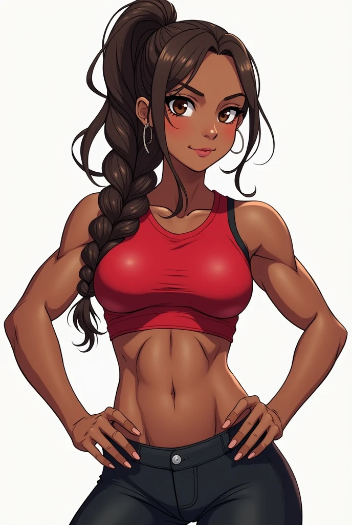  teenage girl, dark-skinned, brown eyes and hair, dressed in a red sleeveless blouse and black pants with booties of the same color. She has a toned body with muscles and her hair is long and tied in a high braid..
anime style